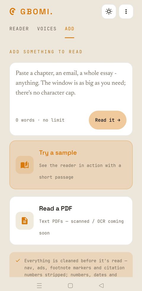 GBOMI Add screen — paste text or open a text PDF, with scanned/OCR support coming soon