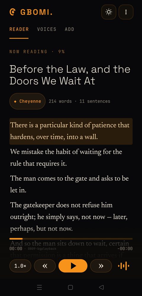 The GBOMI reader playing an article aloud on an Android phone, dark theme