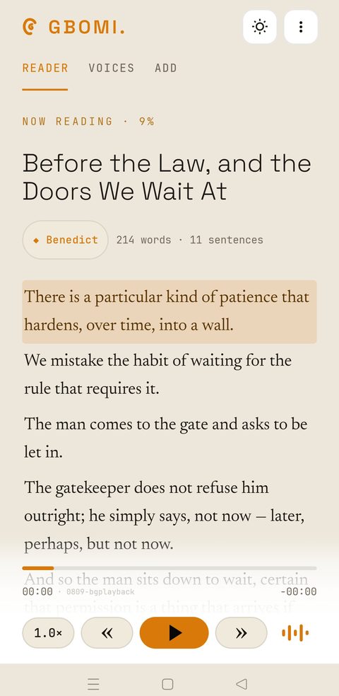 GBOMI reader in light theme reading an article with the Benedict voice