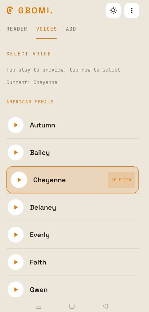 GBOMI Select Voice screen showing American Female voices with Cheyenne selected